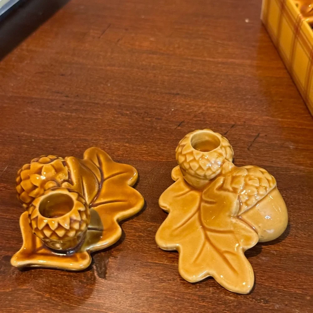 Williams-Sonoma Fall Oak and Acorn on Leaf Taper Candle Holders - Dijon & Brown
